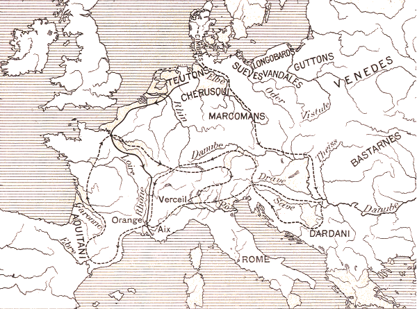 Carte de l'Europe : Incursions des Cimbres et des Teutons.