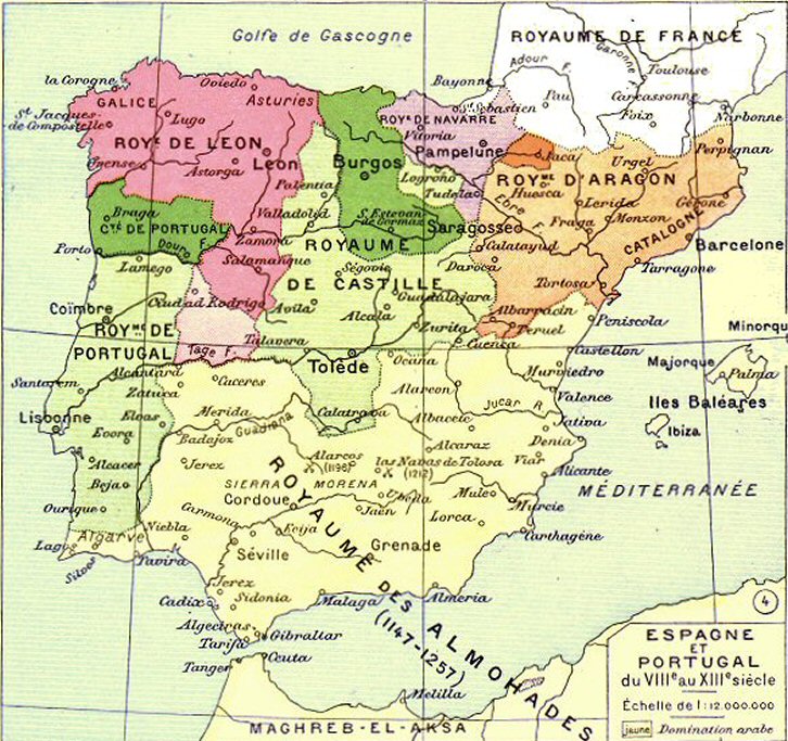 carte de l'Espagne et du Portugal du VIIIe au XIIIe sicle.