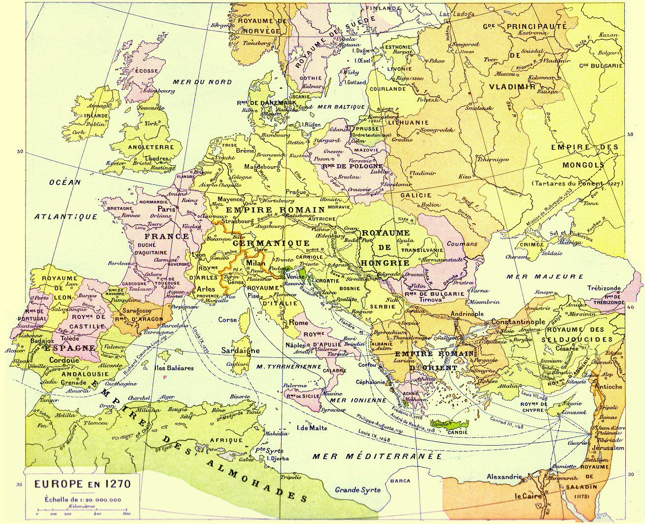 carte de l'Europe et de la Mditerrane en 1270 (Croisades).