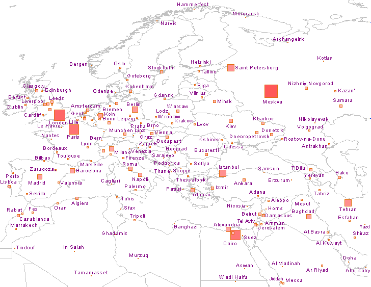 Carte des grandes agglomérations en Europe et au Moyen-Orient