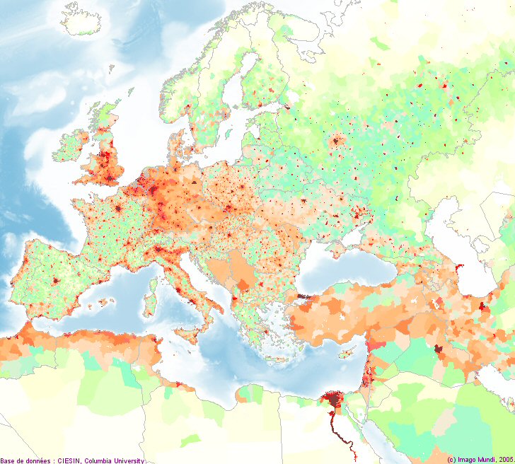 Carte de la densité de la population en Europe et au Proche-Orient