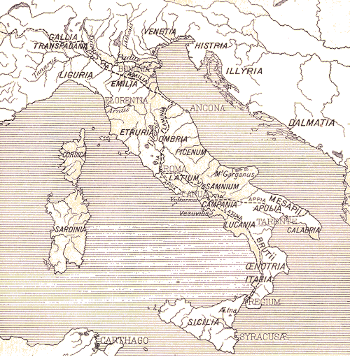 Carte de l'italie : routes et provinces romaines.