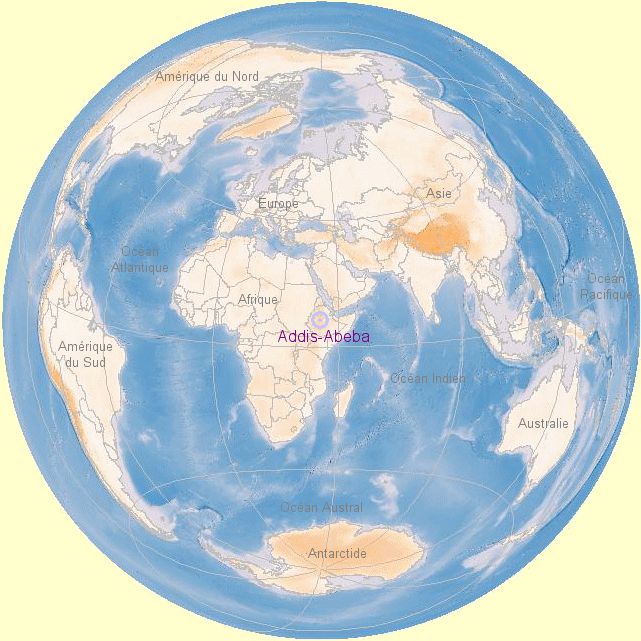 Carte du monde centre sur Addis-Abeba.