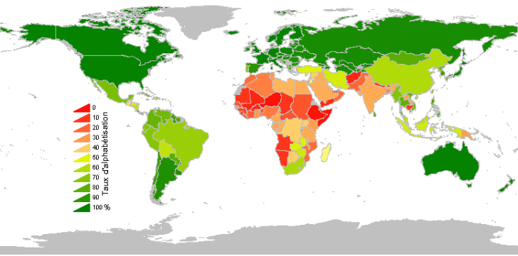 Carte de l'alphabétisation dans le monde.