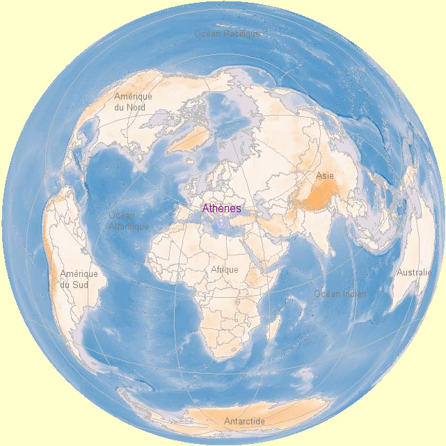 Carte du monde centre sur Athnes.
