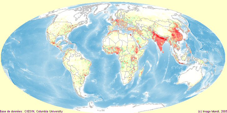 Carte de la densité de la population dans le monde.