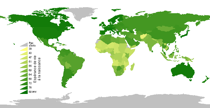 Carte de l'espérance de vie dans le monde.