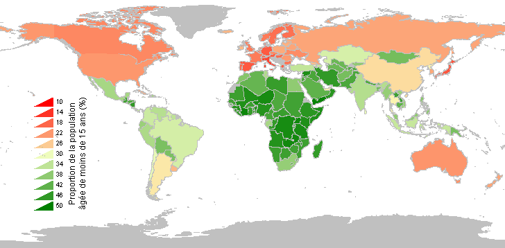 Carte du pourcentage de personnes de moins de 15 ans dans le monde