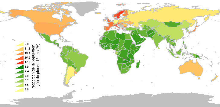 Carte du pourcentage de personnes de plus de 65 ans dans le monde