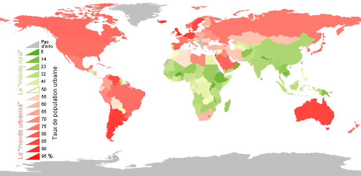 Carte de l'a population urbaine dans le monde
