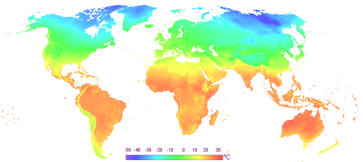 Carte des températures en février dans le monde.