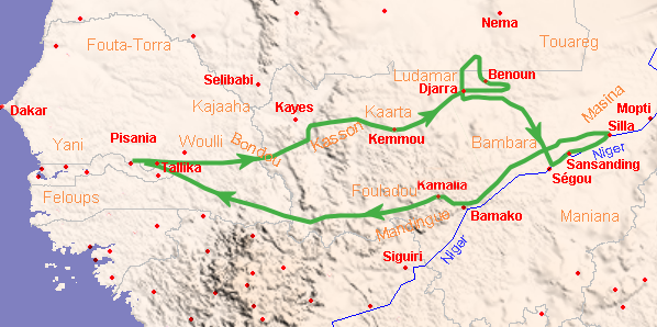 Carte du voyage à l'intérieur de l'Afrique de Mungo Park.
