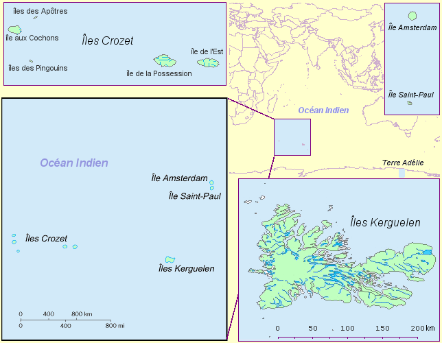 Carte des Terres Australes et Antarctiques Françaises (TAAF).