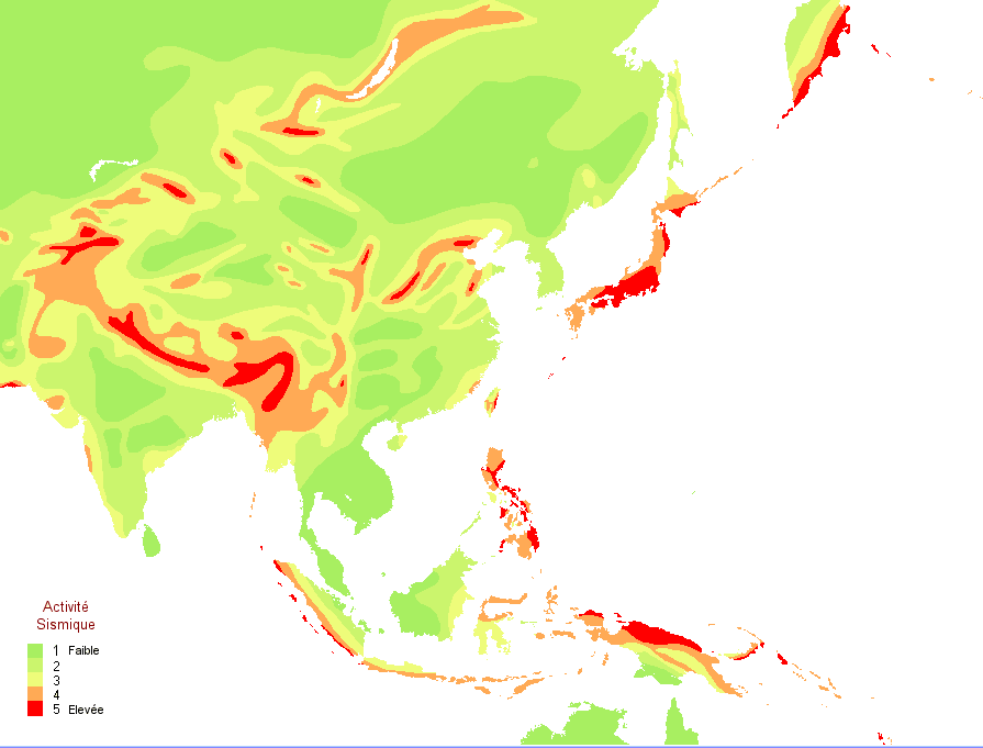 Asie orientale : carte des zones sismiques.