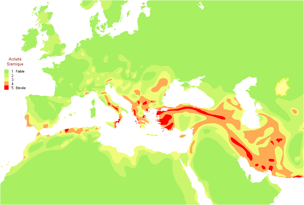 Europe et Moyen-Orient : carte des zones sismiques.