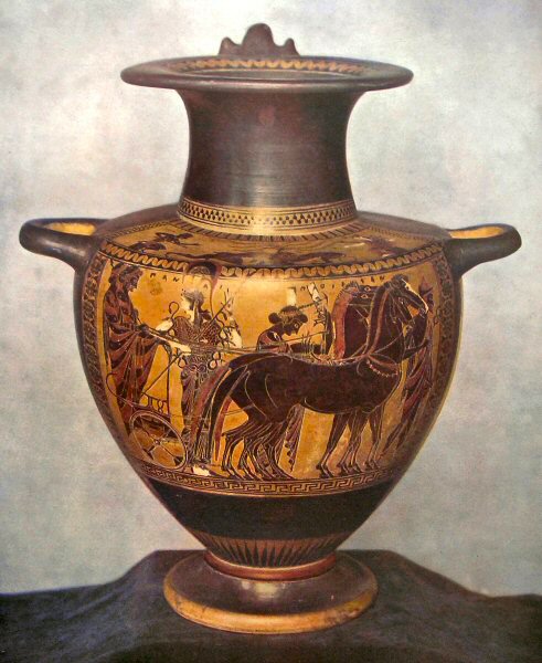 Athéna, Apollon et Hermès sur un vase.
