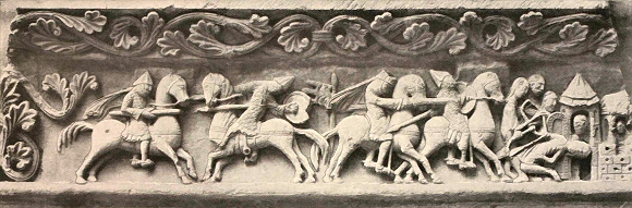 Combat de chevaliers, sur un linteau de la cathédrale d'Angoulême.