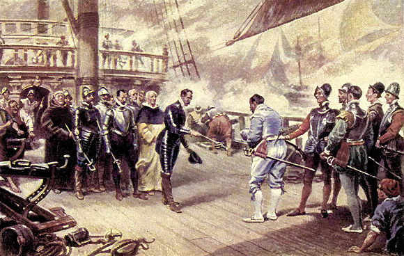 Francis Drake reoit la reddition d'un capitaine espagnol.