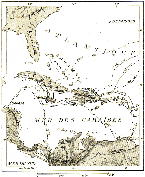Carte des voyages de Christophe Colomb.