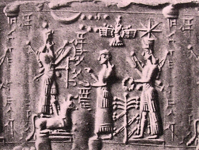 Adorant entre deux divinités mésopotamiennes, peut-être Marduk et Ishtar.