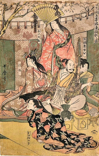 Utamaro : Toyotomi Hideyoshi prenant le th, entour de quatre courtisanes.