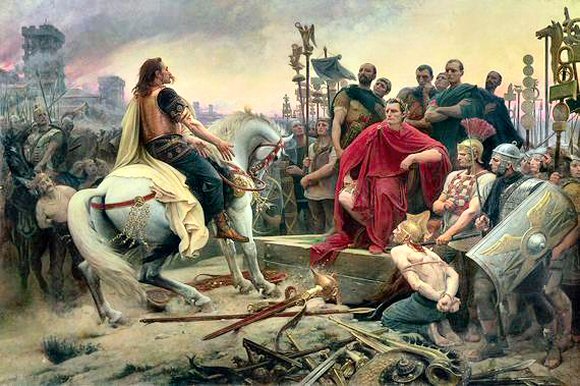 Vercingétorix dépose les armes devant César.
