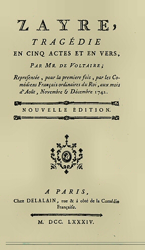 Voltaire : Zaire (page de garde).